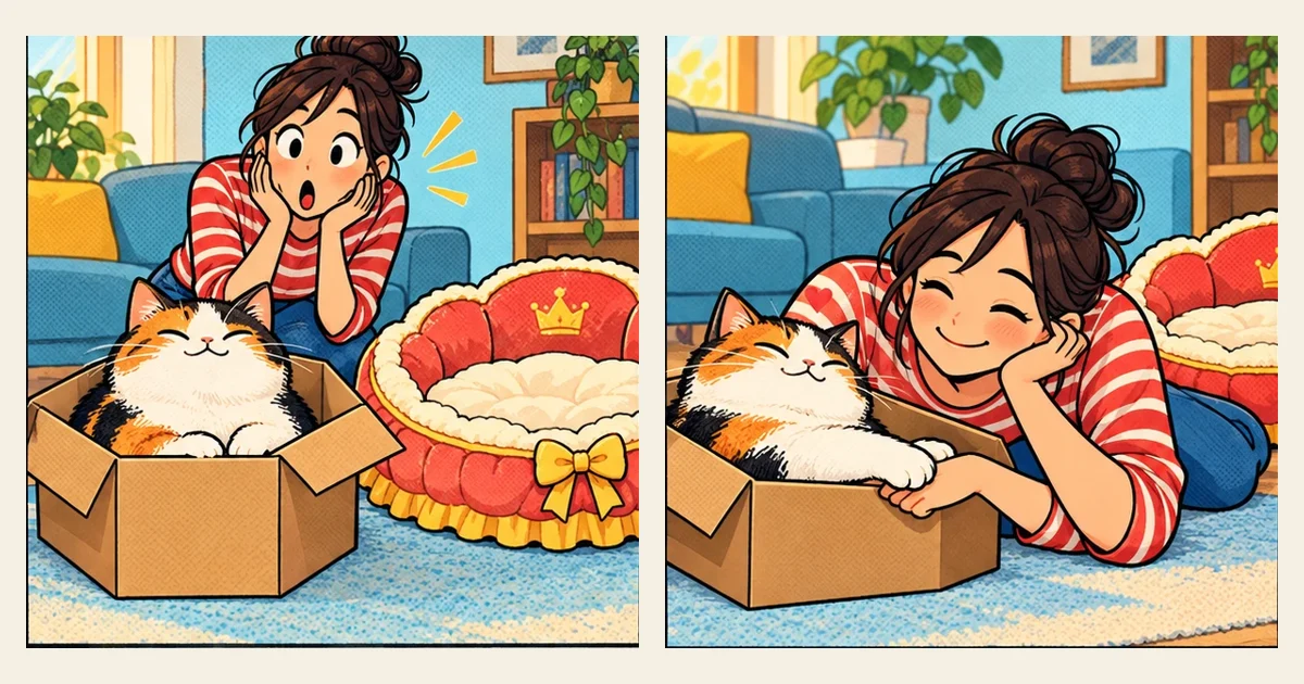 Comic illustration: a cat investigating a box with great interest