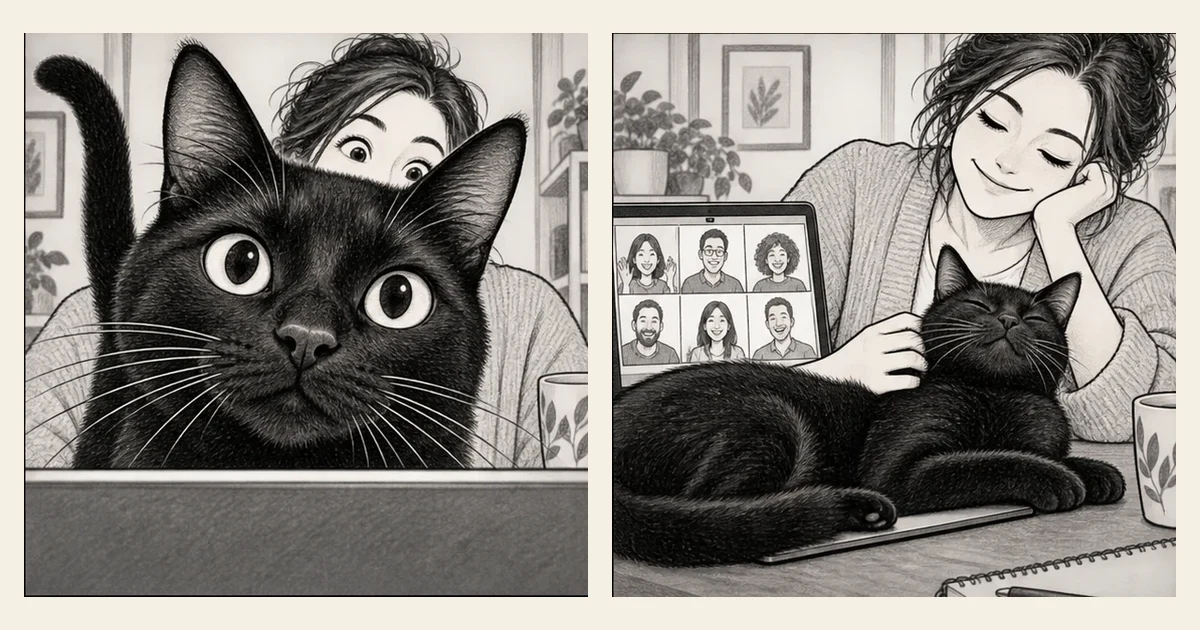 Comic cat taking part in a person’s everyday activities