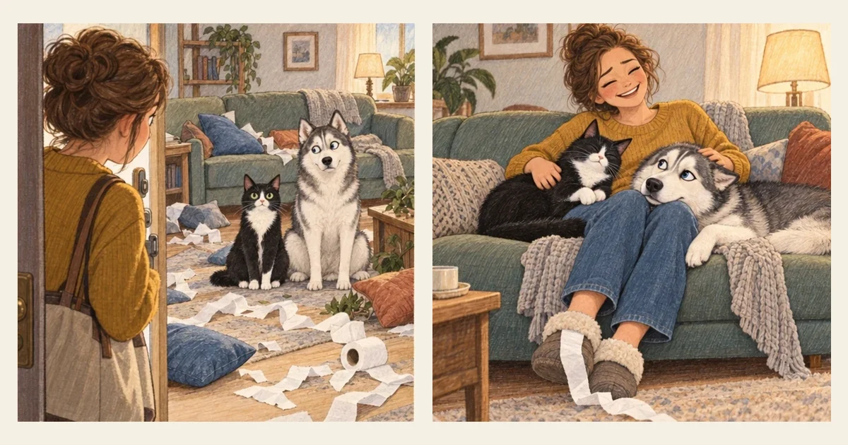 Comic illustration: a curious cat exploring household objects