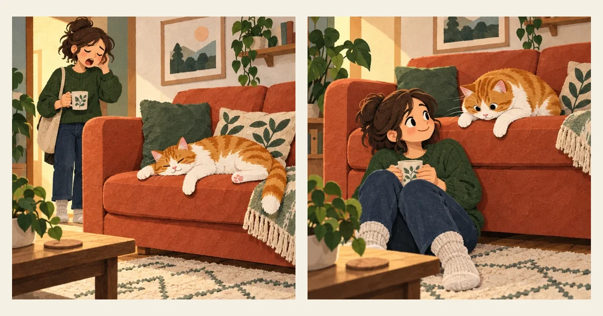 Comic illustration: a cat claiming the sofa as its territory