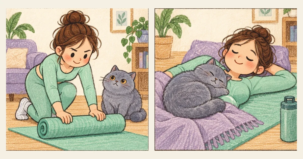 Comic illustration of a cat and its human at home