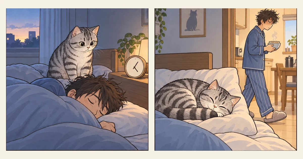Illustration of a cat and person enjoying quiet home life