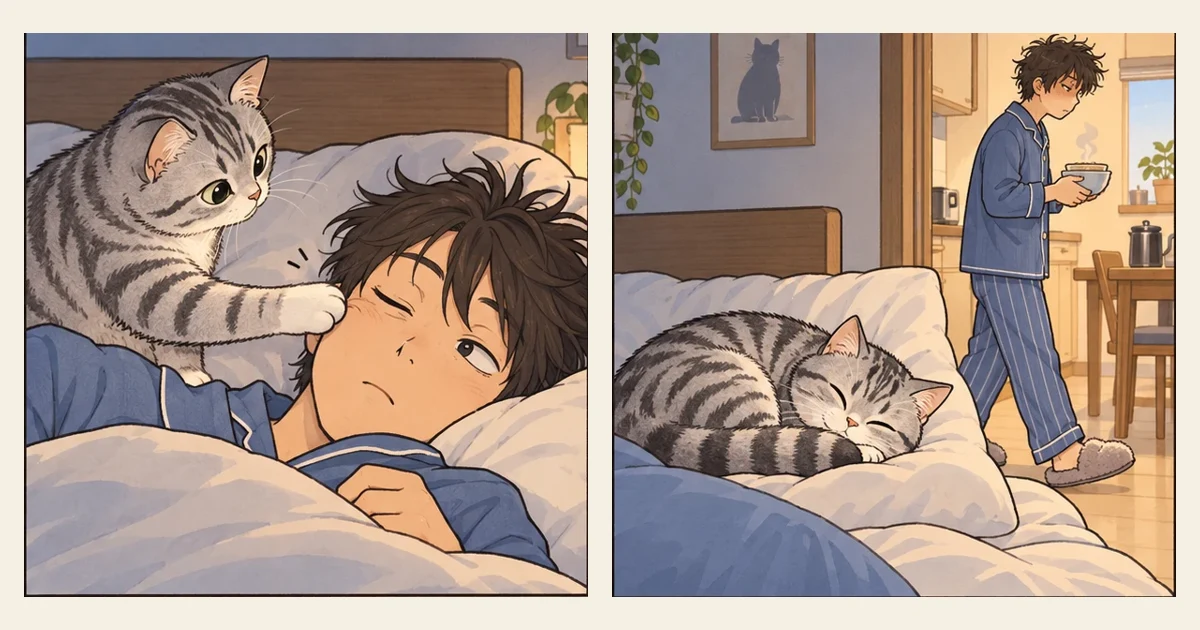 Comic illustration: a cat supervising a person’s household routine