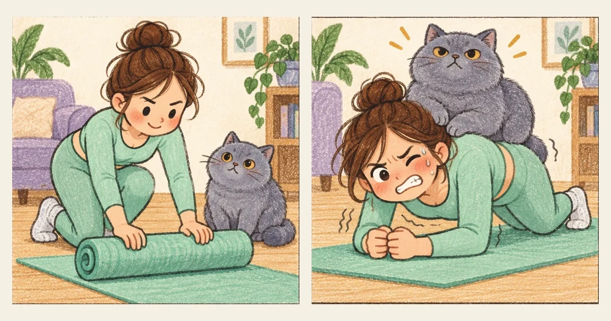 Comic illustration: a round cat joining a person’s exercise session