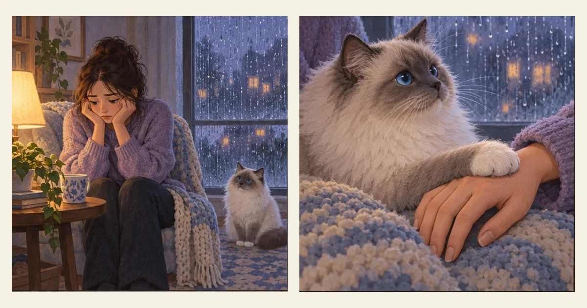 Comic illustration: a cat resting in a cosy home
