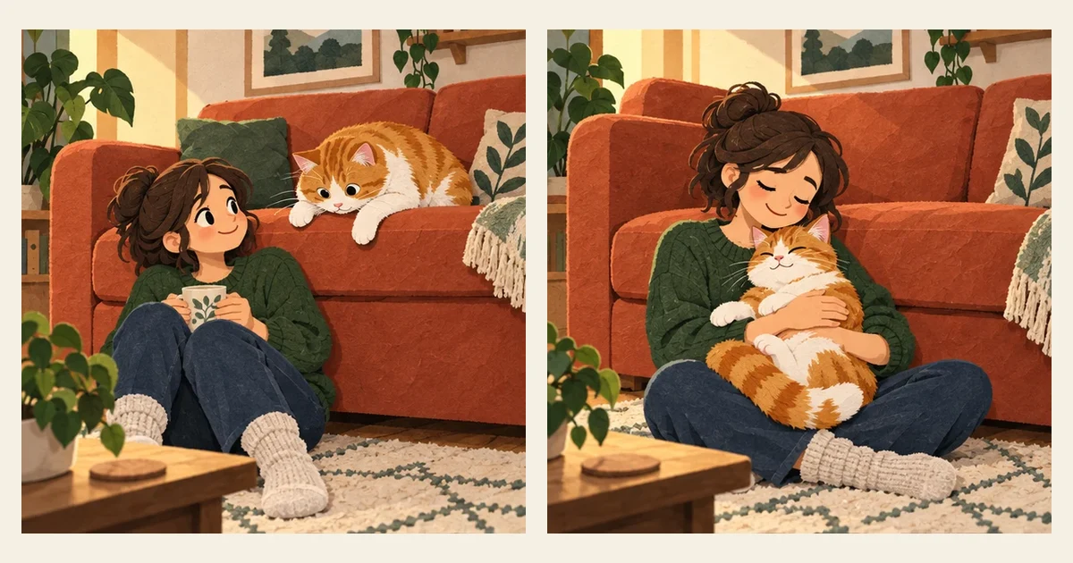 Illustration of a cat with its familiar human companion