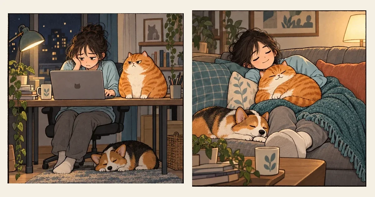 Comic illustration: a person and cat spending a quiet moment together