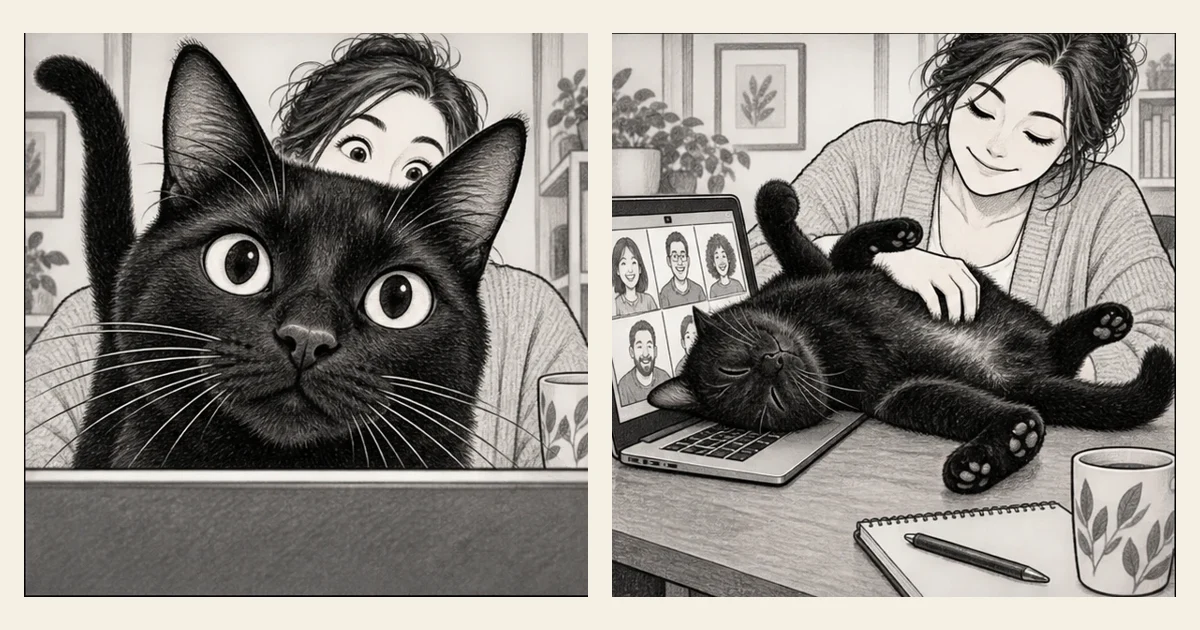 Comic illustration: cats gathered as if checking a household plan